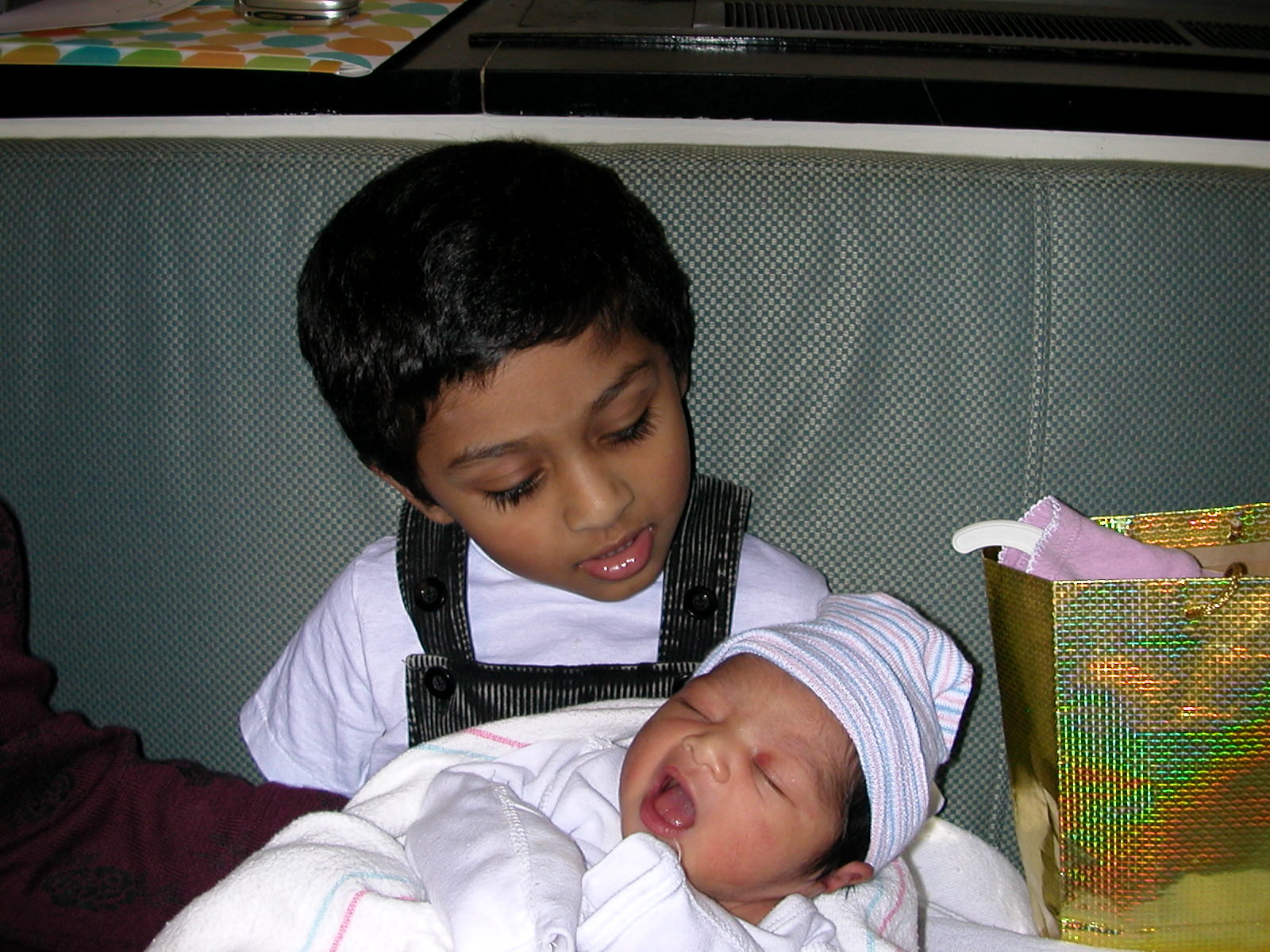 Older brother carefully holding his sister